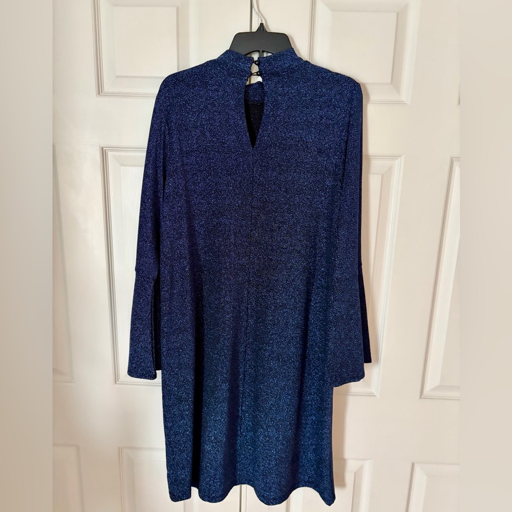 PLUS SIZE SHIMMERY BLUE LONG FLARE SLEEVE PARTY DRESS - Picture 6 of 7